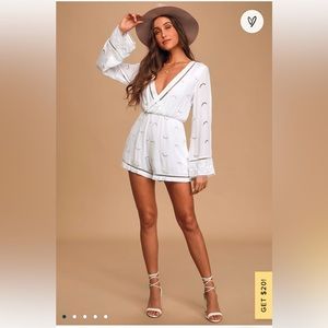 Lulus- moonlit magic white embroidered eyelet long sleeve romper- size small